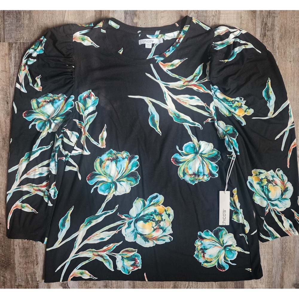 Chico's Touch of Cool Floral Romance Tee Womens 2 L Black 3/4 Puff Sleeve Top